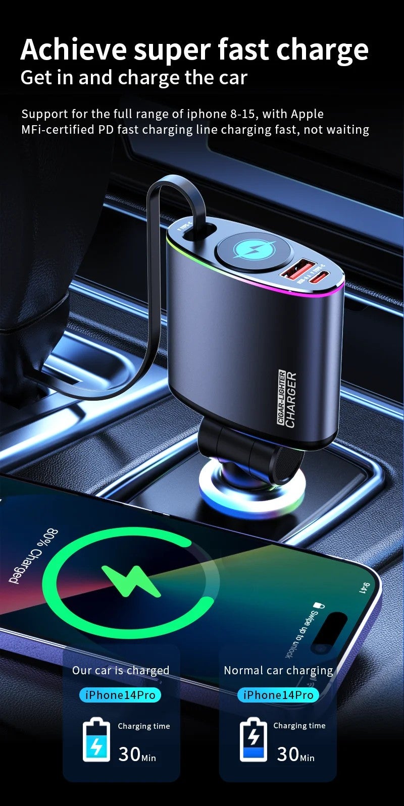 Bluejw Retractable Car Charger with Wireless Charging - Metal Fast Charging Automobile Charger - Portable Design - Image 3